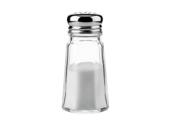 A classic glass salt shaker filled with white granules and a metallic cap, isolated on transparent background.