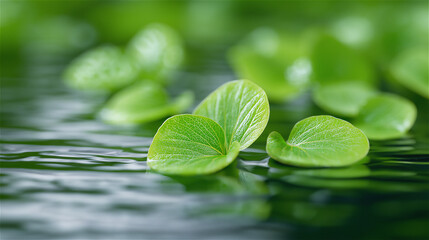 Fresh green leaves floating on calm water with gentle ripples, a soothing spa and mindfulness background representing wellness, natural beauty, hydration, and sustainable lifestyle with copy space.