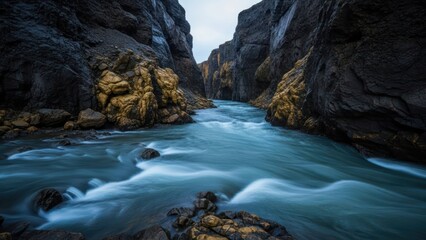 Deep blue river flowing through a narrow, rocky canyon with golden-hued surfaces
