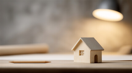 Small house model on a desk beside pen and paperwork under warm light, symbolizing real estate planning, mortgage, and homeownership decisions in a modern office setting.