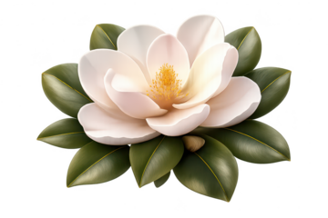 Magnolia blossom, white flower with transparent background in full bloom.