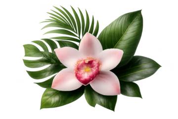 Orchid blossom, green leaves on transparent background illustration