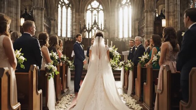 Bride walking down aisle in church surrounded by guests