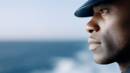 Side profile portrait of a Black man in a cap looking toward the ocean horizon, calm thoughtful mood and freedom concept, outdoor lifestyle, travel, and mindfulness with copy space.