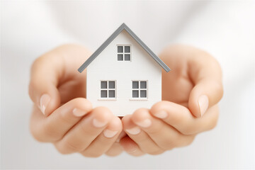 Hands gently holding a small house model on bright background, concept of home insurance, mortgage, family security and property investment, symbolizing care, trust, and protection with copy space.