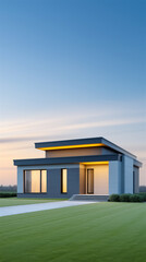 Modern minimalist single story house with clean lines on green lawn at sunrise, contemporary residential architecture concept for real estate, home design, and suburban lifestyle with copy space.