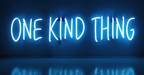 Bright blue neon sign displays text. Reflective floor mirrors glowing words. Minimalist aesthetic, dark background creates contrast.