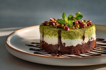 Three-layered dessert with pistachio topping and mint garnish, drizzled with chocolate sauce