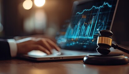 Close-up of laptop with stock graph, gavel on table, hand typing, ambient lighting