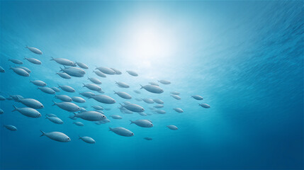 School of fish swimming in deep blue water with bright sunbeams above, minimal ocean background symbolizing freedom, teamwork, marine life, and sustainability awareness.