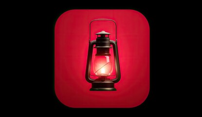 A lit, old-fashioned lantern glows against a red background, framed by black