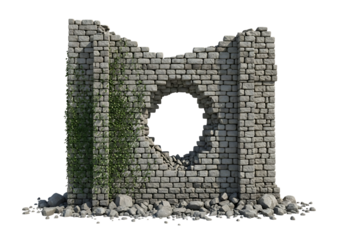 Crumbling stone wall ruin with large hole and green ivy, isolated on transparent background