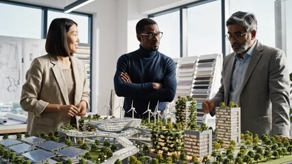 Diverse business team discussing sustainable city model with solar panels and wind turbines in modern office - Powered by Adobe