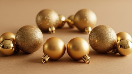 Group of golden baubles arranged on beige surface; festive and ornamental