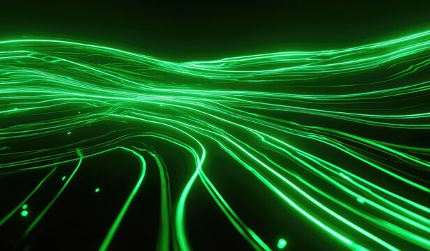 Illuminated, flowing green lines create a dynamic, abstract wave pattern against a dark background - Powered by Adobe