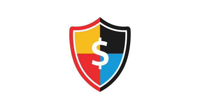 A colorful shield emblem with a dollar sign divided into quadrants graphic design silhouette