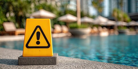 A yellow caution sign with an exclamation point near a pool, with blurred background
