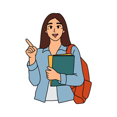 Female Student Pointing Up with Books Illustration