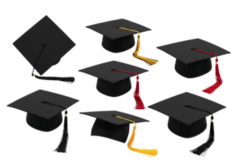 A cluster of black graduation caps with red, yellow, and black tassels in various angles, isolated on transparent background