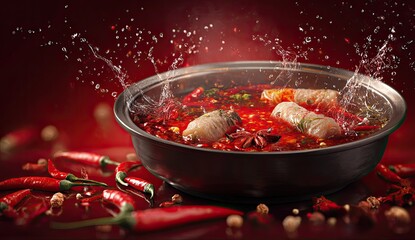 Steaming red broth in a metal pot with chili peppers, creating splashing effect