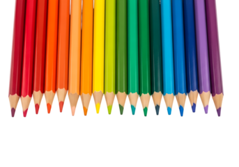A vibrant row of colored pencils in rainbow order, showing sharpened tips, isolated on transparent background.