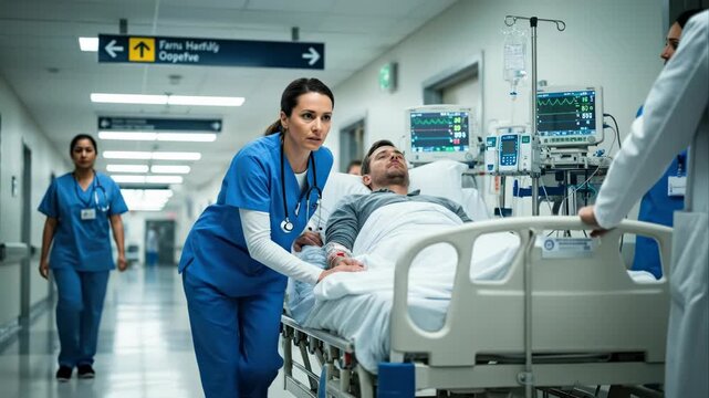 Nurse urgently pushing a patient on a hospital stretcher in emergency care