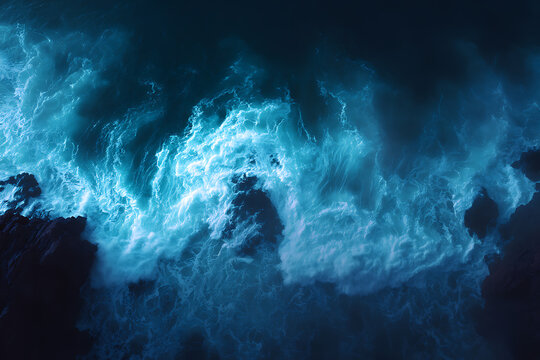 nature photography, drone captures dramatic moody ocean waves crashing on rocky coast at dusk with cinematic deep blues and grays, high detail textures - Powered by Adobe