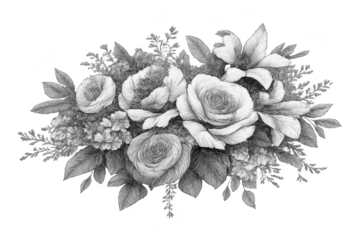 Floral Drawing with Roses on a transparent background, gray and white