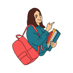 Female Student with Backpack Pointing Direction Illustration