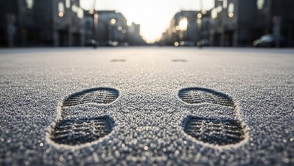 Low angle shot of footprints in frost-covered street leading towards blurred cityscape at dawn