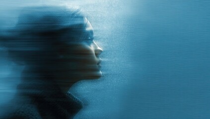 Profile silhouette of a person, blurred with motion against a gradient blue background