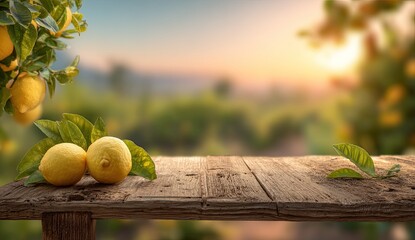 Wooden table with lemons in the foreground with a blurred orchard in the background at sunset