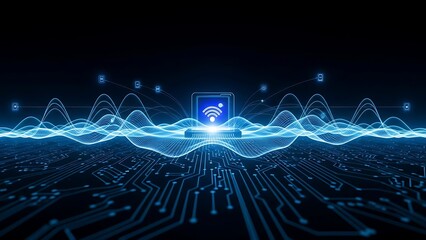 Obraz premium Modern technology concept with glowing blue circuit board and wireless signal