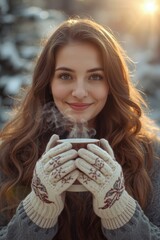 Young woman enjoying warm drink in winter