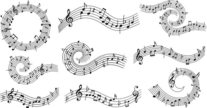 Music notes wave, melody music wave with staff, musical note, musical note wave element collection, musical notes melody on transparent background