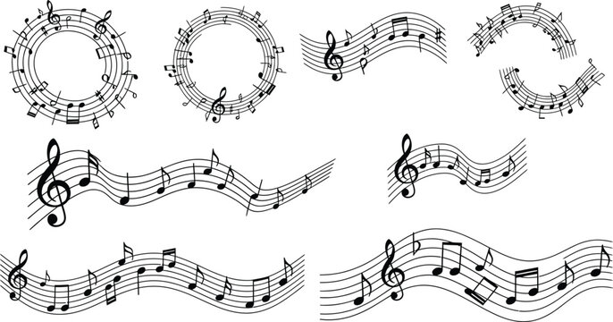 Music notes wave, melody music wave with staff, musical note, musical note wave element collection, musical notes melody on transparent background