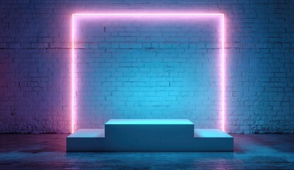 Illuminated platform against brick wall, vibrant blue and pink lighting