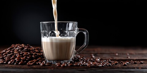 A clear glass mug fills with liquid, alongside a pile of beans, all on a dark wooden surface