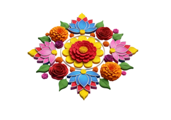 Vibrant symmetrical floral arrangement in a rangoli style featuring marigolds, lotuses, and roses isolated on transparent background
