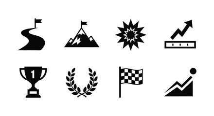 A collection of various black icons depicting sports achievements and growth silhouette