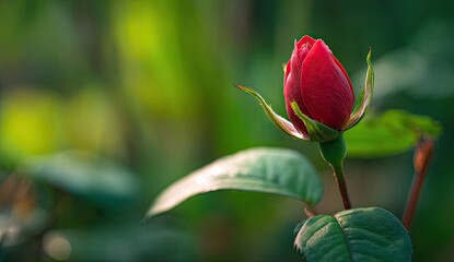 A vibrant, unopened rose bud against a soft, blurred background of lush green foliage