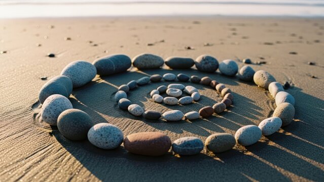 Sandy beach at dawn, spiral of pebbles, sea in background, golden light, peaceful scene