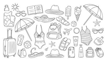 Blue line summer vacation travel elements hand drawn vector illustration set on white