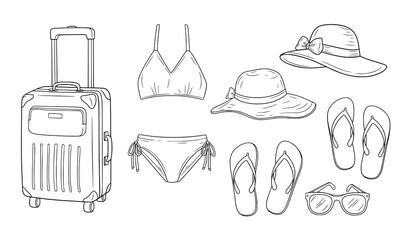 Hand drawn travel essentials outline vector illustration with suitcase swimwear hat and flip flops