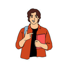 Male Student Explaining Idea with Notebook Illustration