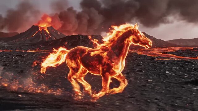 Fiery Steed Galloping Across a Volcanic Landscape with an Erupting Volcano