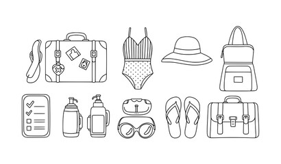 Minimal travel essentials doodle outline vector illustration for summer trip isolated on white