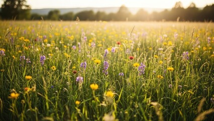 Fototapeta premium Sunlit meadow filled with wildflowers, distant trees, and warm glow