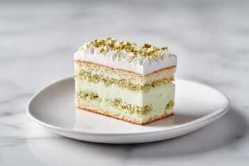 Slice of layered dessert with pistachio filling and whipped cream, on a white plate