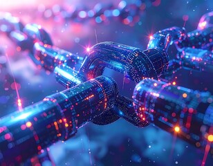 Close-up view of a digital chain, illustrating interconnectedness